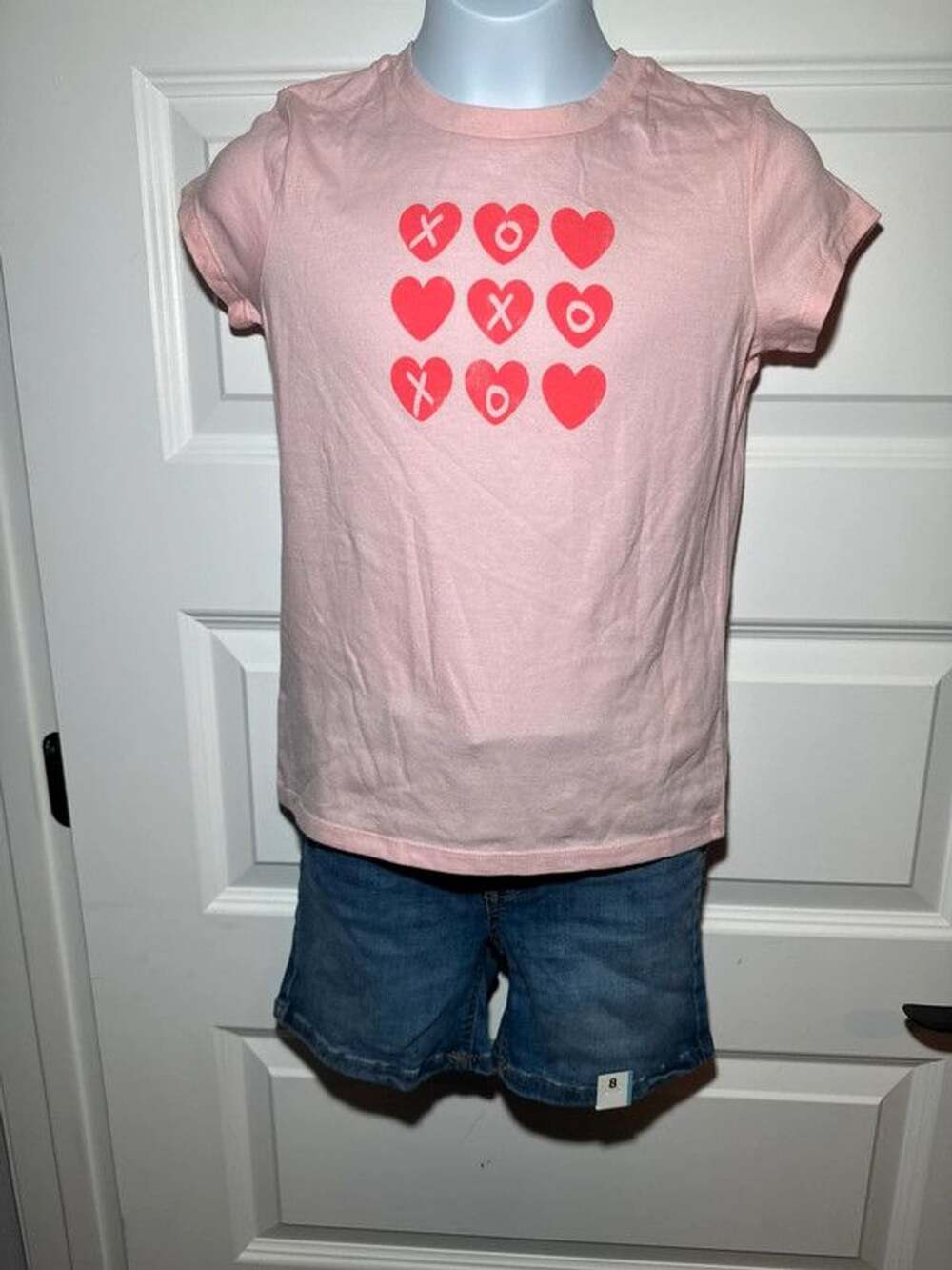 Thereabouts Girls 2-Piece Outfit Set - Light Pink Hearts T-Shirt & Denim Midi Sh
